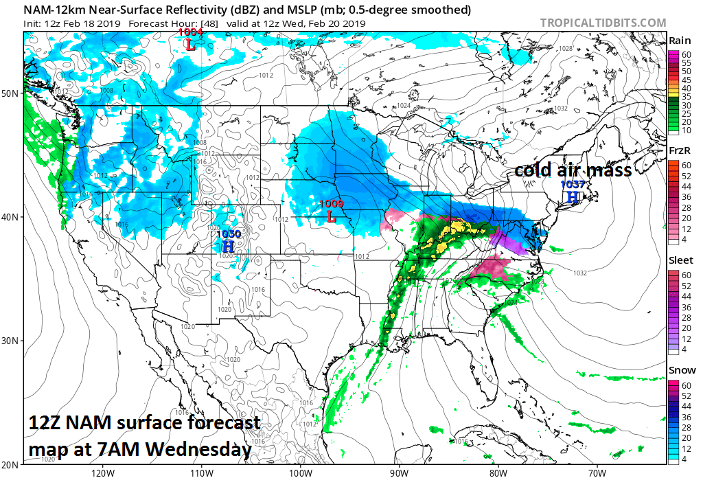 12Z NAM surface forecast map for 7AM Wednesday with strong high pressure situated over New England anchoring in a low-level cold air mass for the beginning of this event; courtesy NOAA/EMC, tropicaltidbits.com