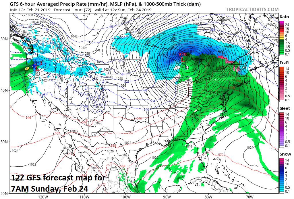 A powerful storm on Sunday morning situated over the Great Lakes; map courtesy NOAA/EMC, tropicaltidbits.com