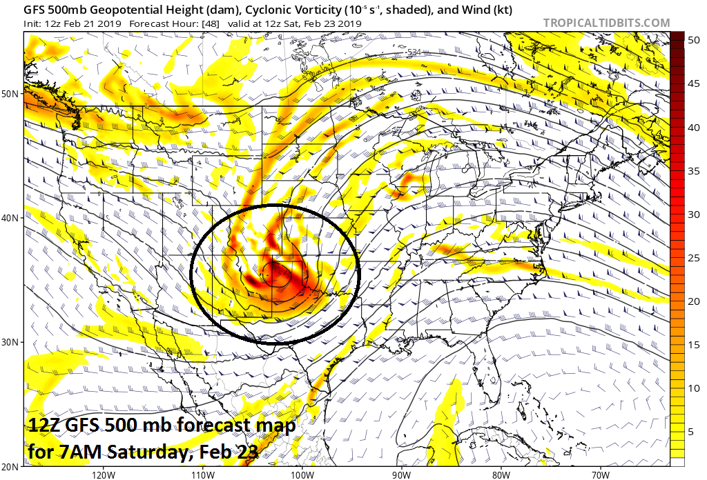 A strong wave of energy in the upper atmosphere early Saturday will help to fuel the rapid intensification of a surface low pressure system; map courtesy NOAA/EMC, tropicaltidbits.com