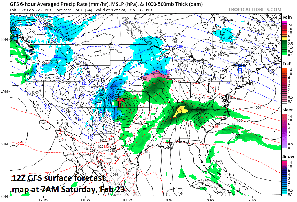 This is the time period in which rapid intensification will begin for the low pressure system near the Oklahoma Panhandle; map courtesy NOAA/EMC, tropicaltidbits.com