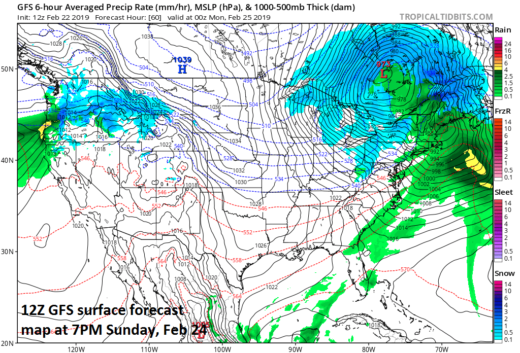Powerful storm over southeastern Canada by early Sunday evening with a very tight pressure gradient across the Upper Midwest/Great Lakes; map courtesy NOAA/EMC, tropicaltidbits.com