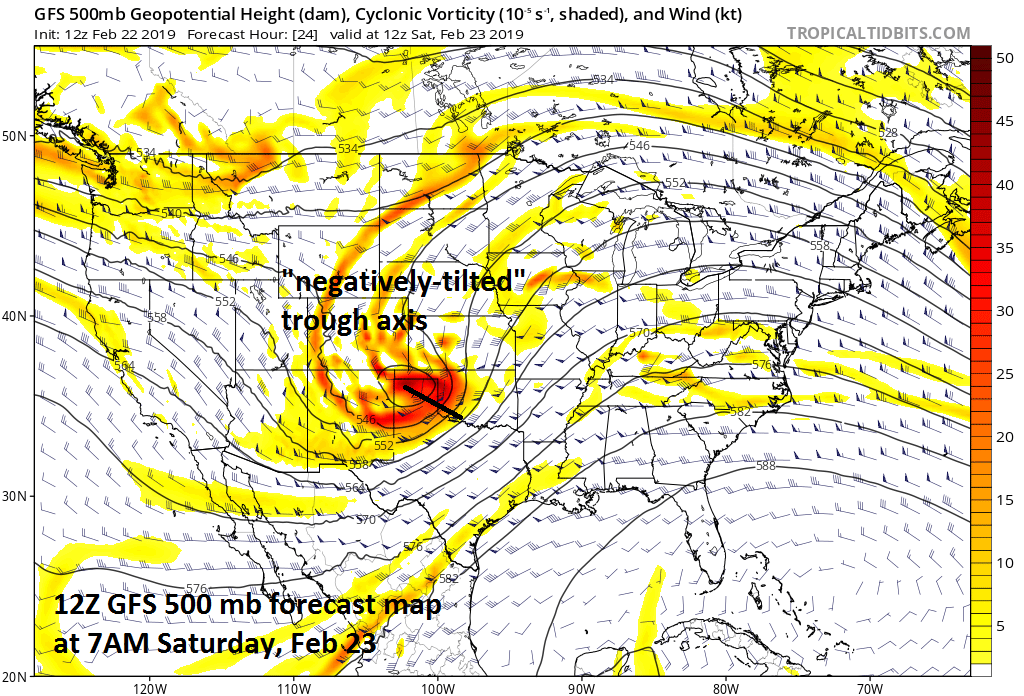 This is the time period in which rapid intensification will begin for the low pressure system near the Oklahoma Panhandle as deep upper-level energy moves overhead; map courtesy NOAA/EMC, tropicaltidbits.com