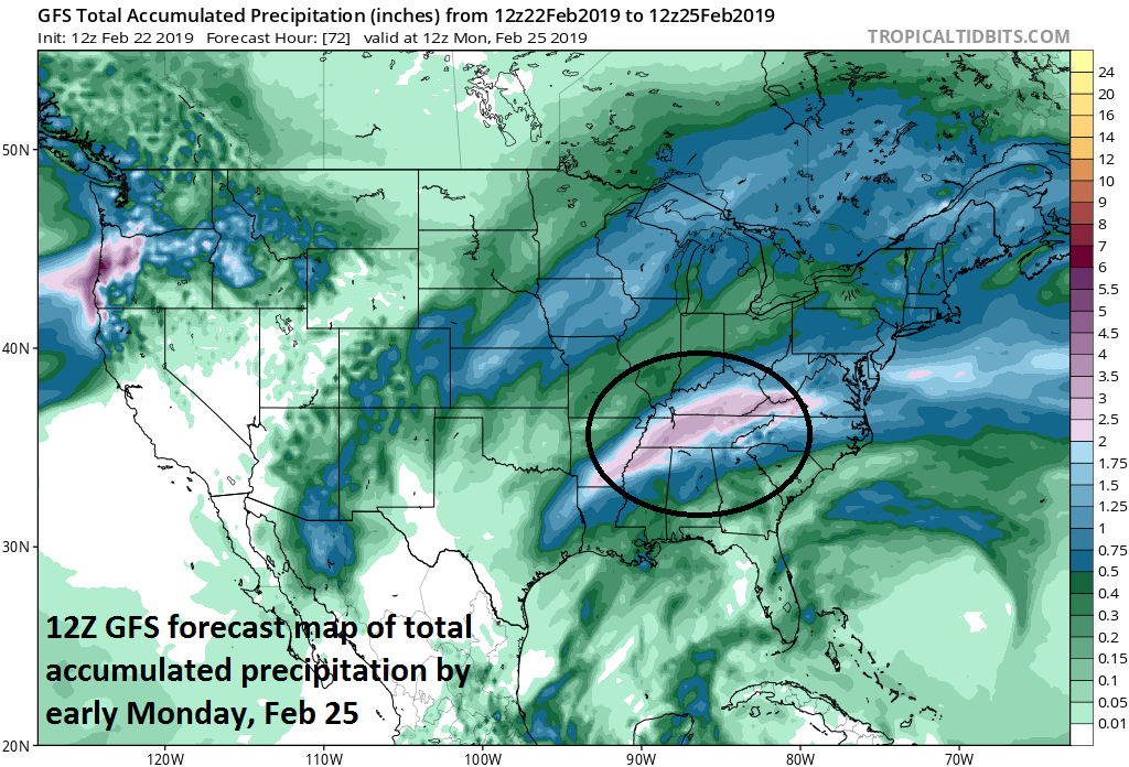 Heavy rainfall this weekend over the Lower Mississippi and Tennessee Valleys (circled) will lead to localized flooding concerns; map courtesy NOAA/EMC, tropicaltidbits.com