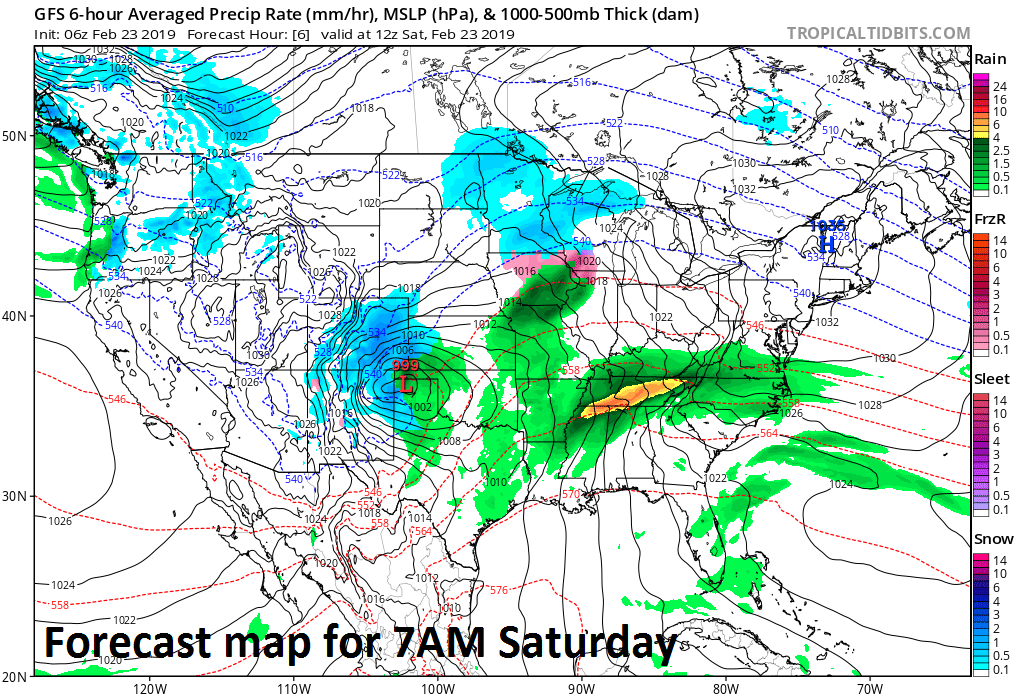 06Z GFS forecast map at the surface as of 7AM Saturday morning; courtesy NOAA/EMC, tropicaltidbits.com