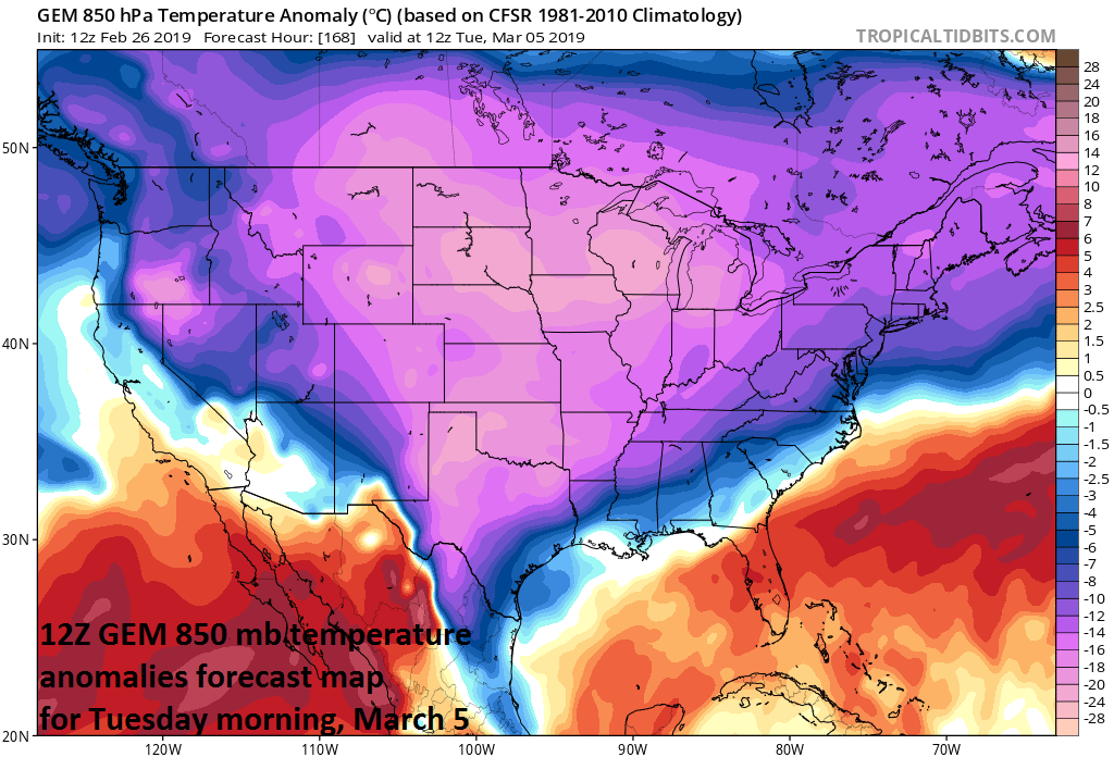 Well below normal temperatures will dominate the scene early next week across much of the nation; courtesy NOAA/EMC, tropicaltidbits.com
