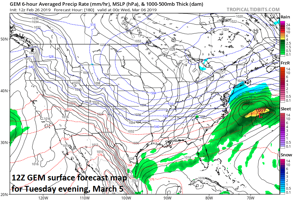There are signs for a coastal storm later Tuesday, but whether it comes close enough for snow in the Mid-Atlantic is still too early to say; courtesy NOAA/EMC, tropicaltidbits.com