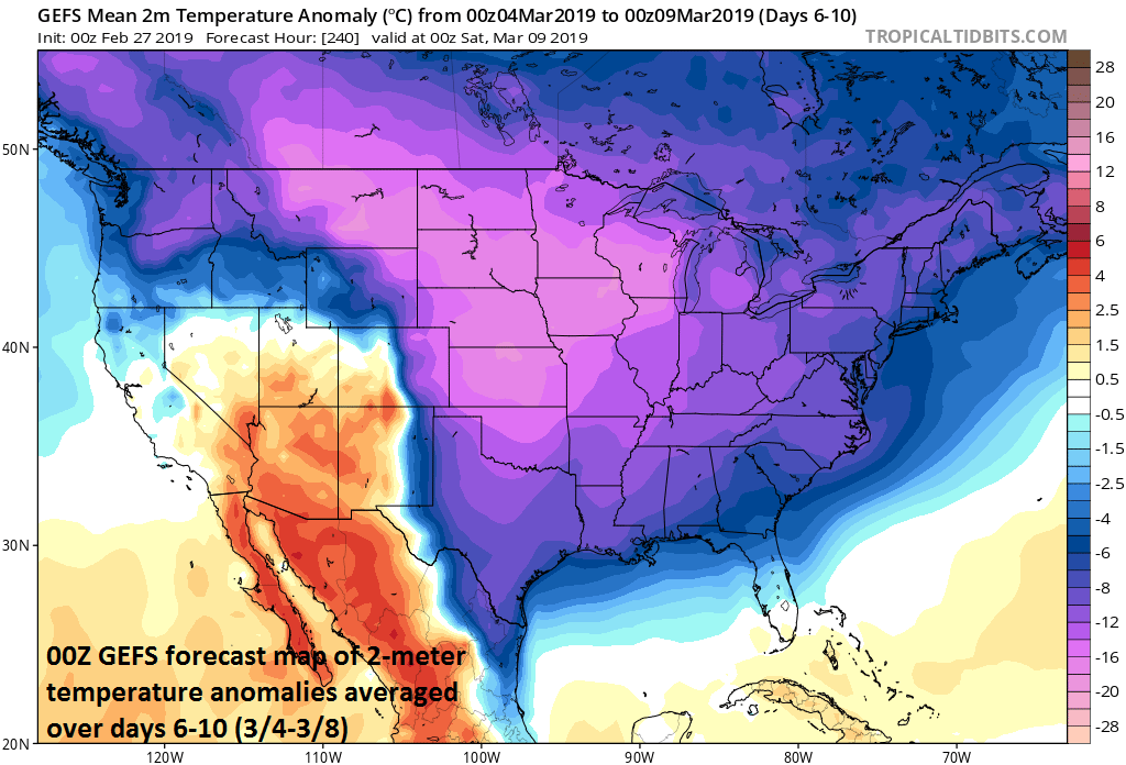 The first full work week of March promises to be much colder-than-normal across a large part of the nation; map courtesy NOAA/EMC, tropicaltidbits.com