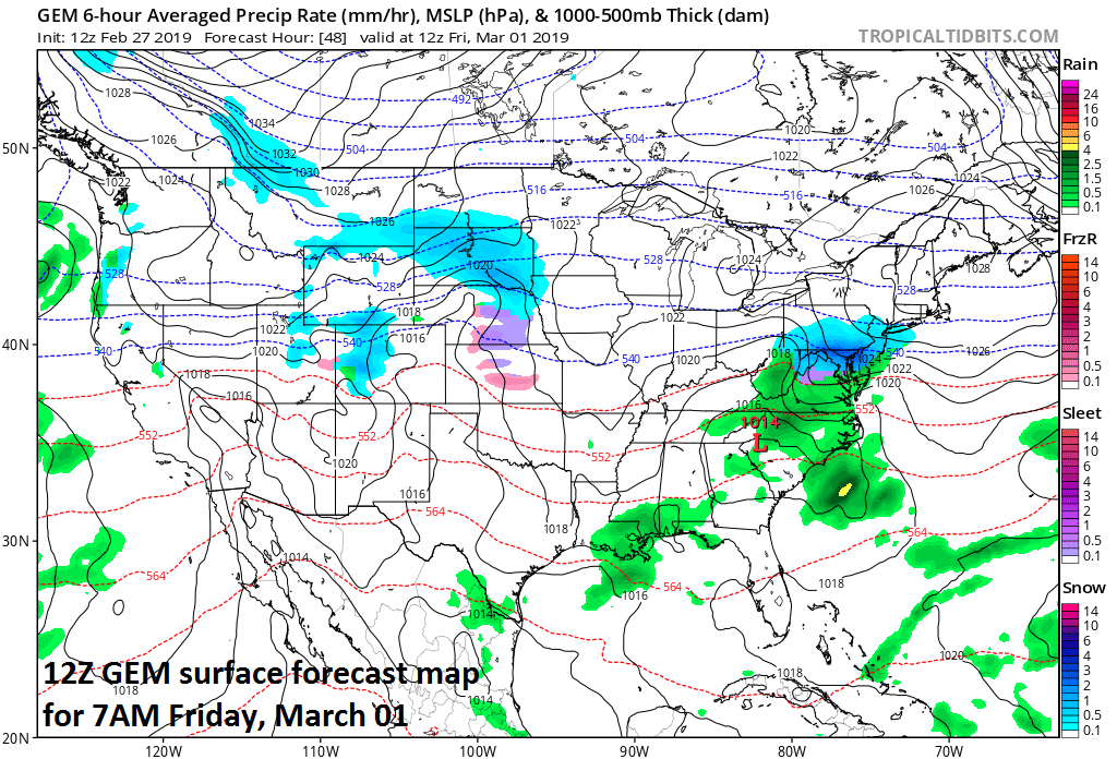 12Z GEM forecast map for Friday morning features low pressure in the Southeastern US and snow (in blue) in much of the Mid-Atlantic; map courtesy CMC, tropicaltidbits.com
