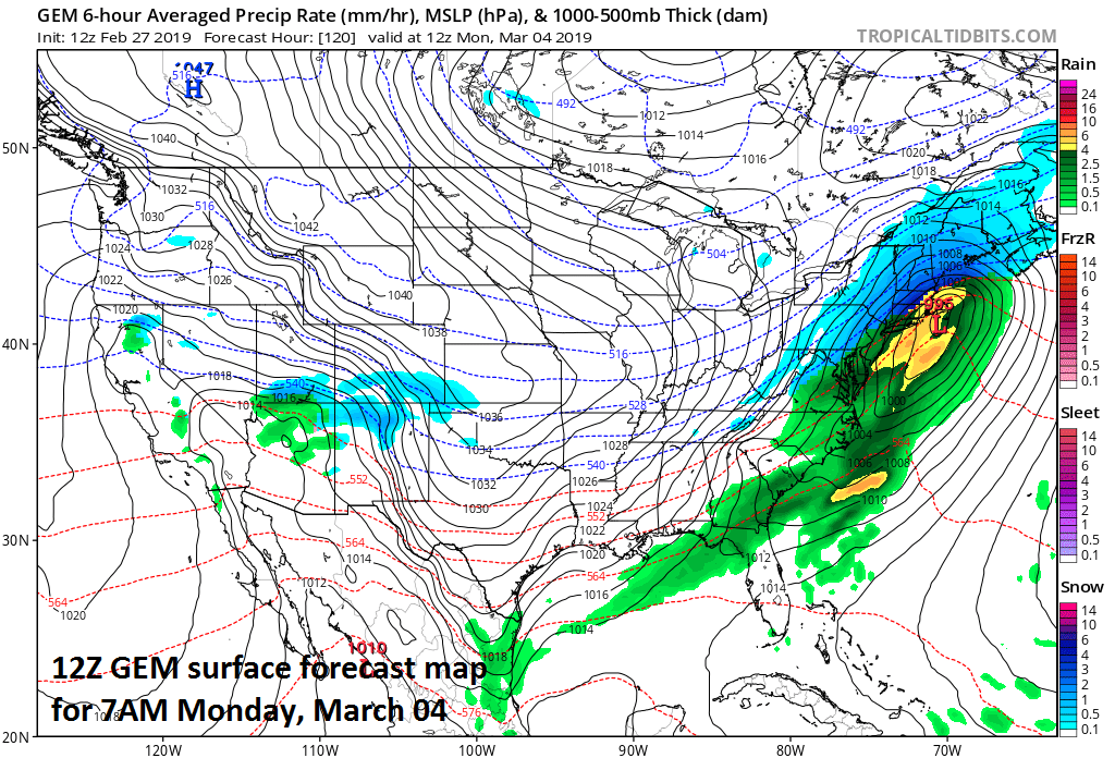 12Z GEM forecast map for Monday morning features strong low pressure off the southern New England coastline with snow (in blue) and rain (in green, yellow) in much of the Northeast US; map courtesy CMC, tropicaltidbits.com