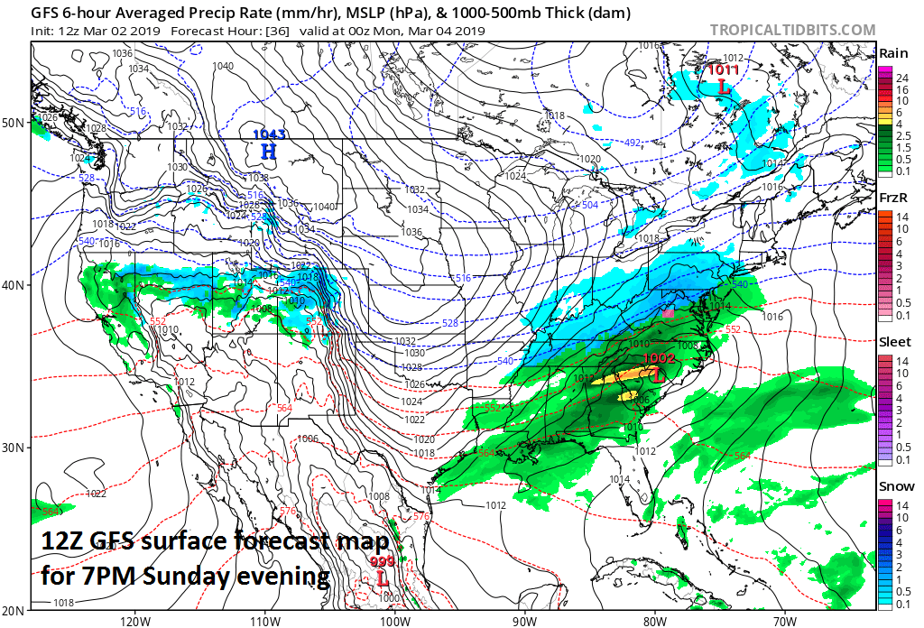 12Z GFS forecast map for Sunday evening featuring a “battle zone” in the I-95 corridor between snow (in blue) and rain (in green); courtesy NOAA/EMC, tropicaltidbits.com