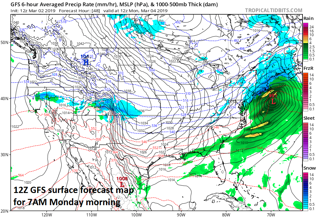 12Z GFS forecast map for Monday morning featuring a strong low pressure system off the southern New England coastline; courtesy NOAA/EMC, tropicaltidbits.com