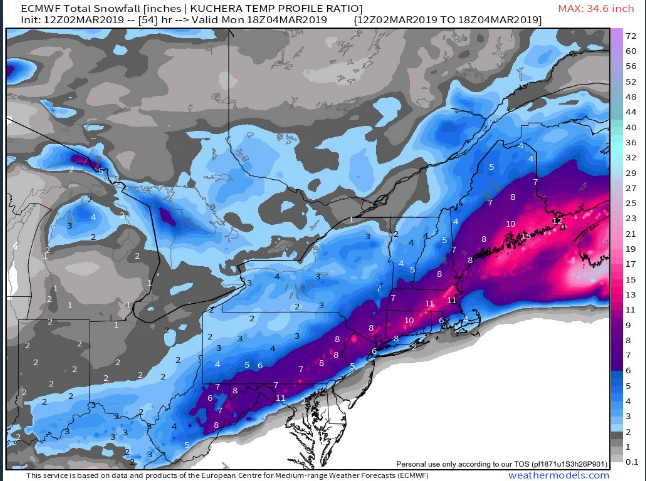 Total snowfall forecast map by the 12Z Euro as of midday Monday, March 4; courtesy ECMWF, weathermodels.com