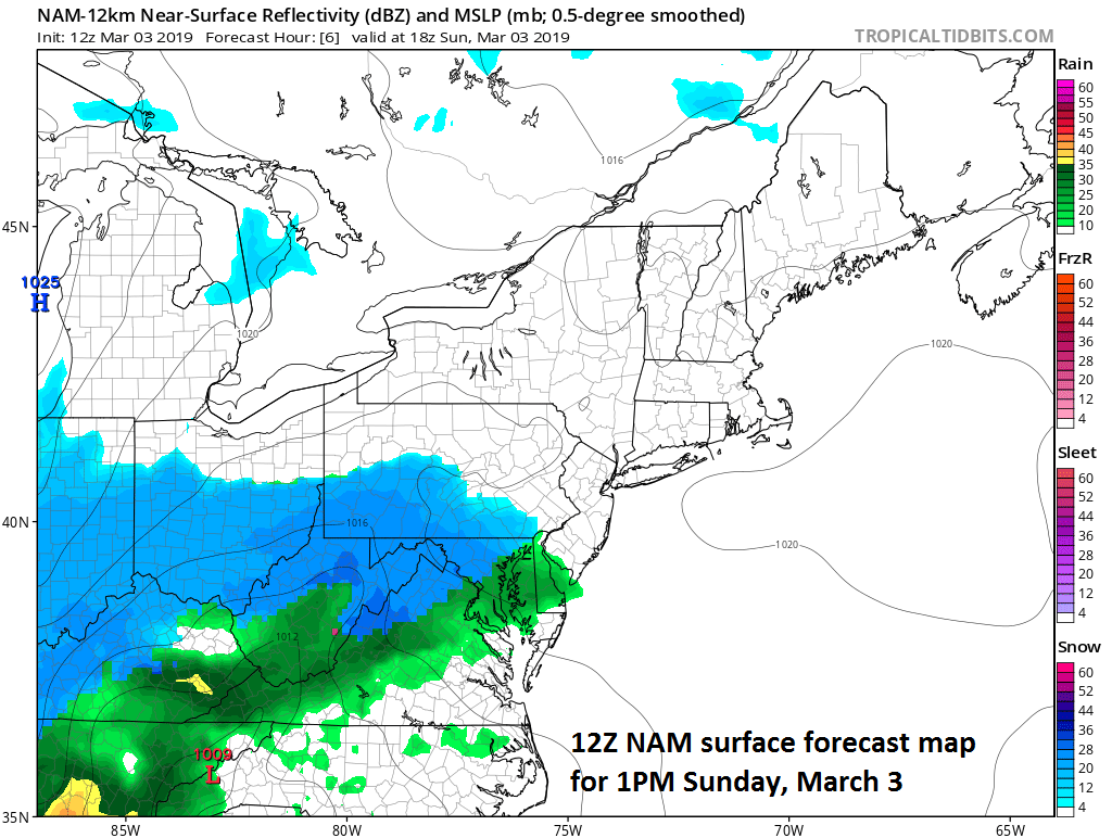 12Z NAM surface forecast map with snow in blue, rain in green/yellow; courtesy NOAA/EMC, tropicaltidbits.com