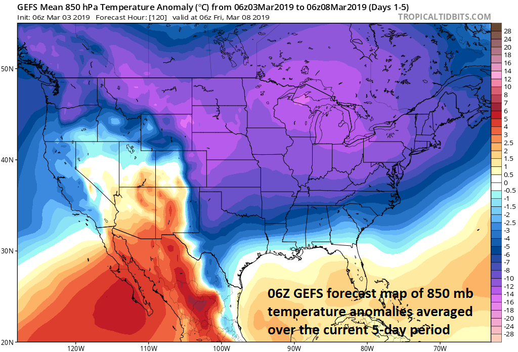 Widespread cold for the first week of March; courtesy NOAA/EMC, tropicaltidbits.com