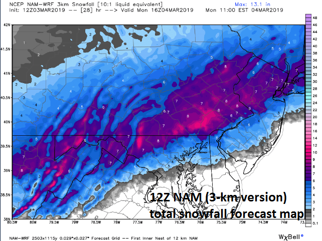 Snowfall forecast map by the 12Z NAM (3-km version); courtesy Weather Bell Analytics, NOAA/EMC