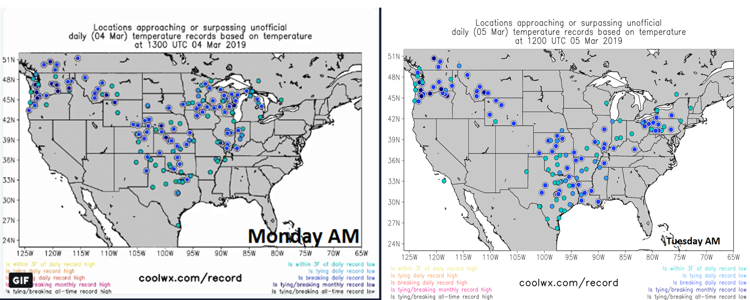 Record or near record low temperatures on Monday morning (left) and this morning (right); courtesy coolwx.com
