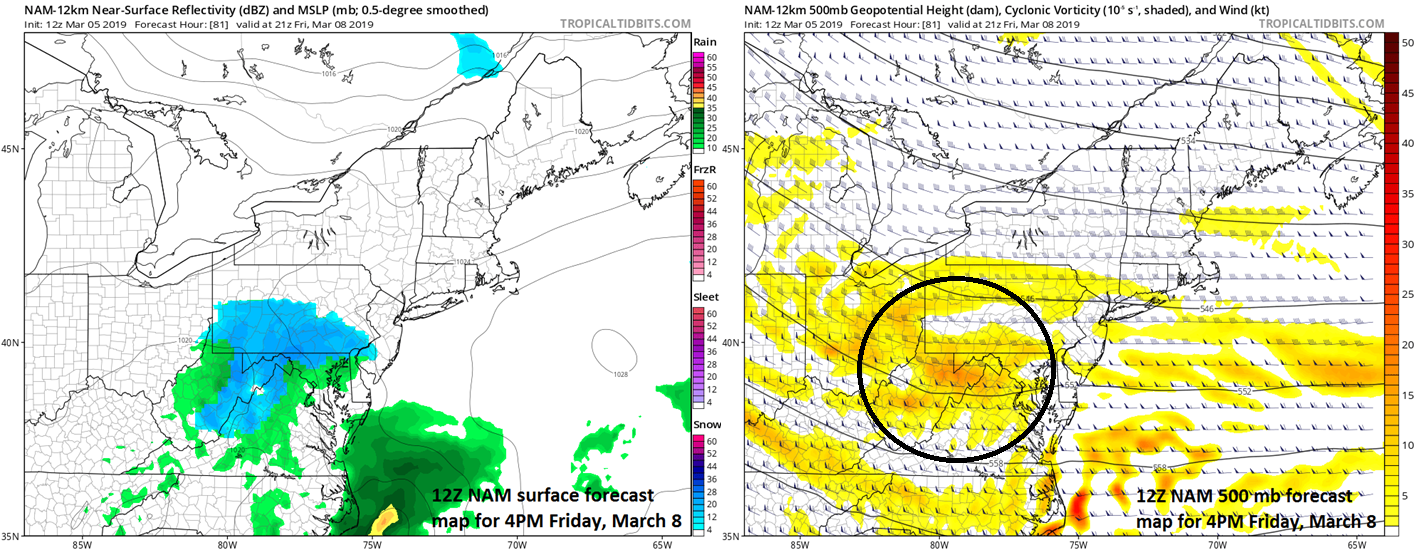 The next snow threat for the Mid-Atlantic region comes on Friday when a wave of upper-level energy (right) slides across the nation and reach this area; courtesy NOAA/EMC, tropicaltidbits.com