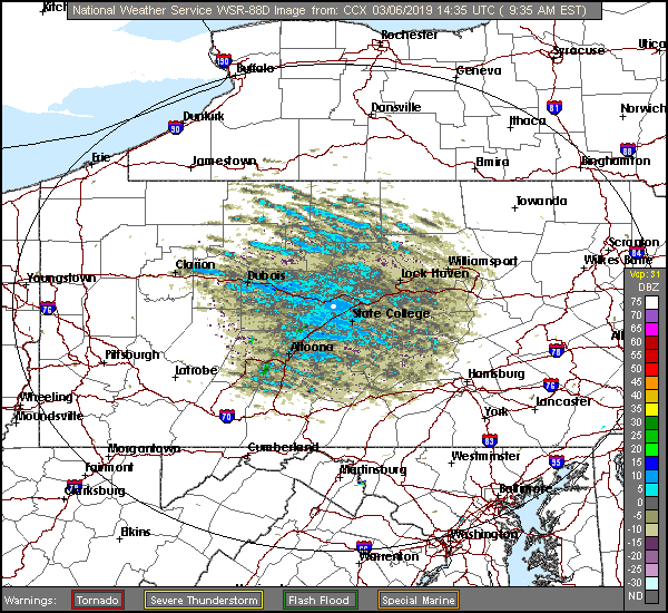 Radar echoes during the late morning hours reflect the development of snow showers in upstate PA and some of these can make their way into the immediate I-95 corridor later today; courtesy NOAA