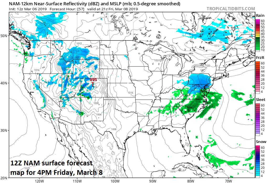 Low pressure will produce snow in the Mid-Atlantic region on Friday and small accumulations are possible; map courtesy NOAA/EMC, tropicaltidbits.com