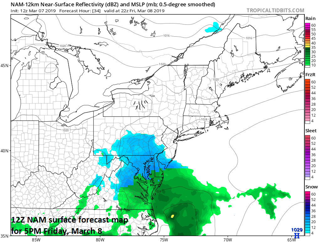 Snow will break out on Friday in the Mid-Atlantic region and small accumulations are possible in the DC-to-Philly corridor and perhaps as far north as NYC; map courtesy NOAA/EMC, tropicaltidbits.com