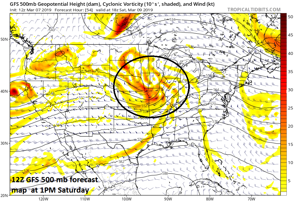 Vigorous energy in the upper atmosphere on Saturday will likely support a severe weather outbreak in the Lower-to-Mid Mississippi Valley; courtesy NOAA/EMC, tropicaltidbits.com
