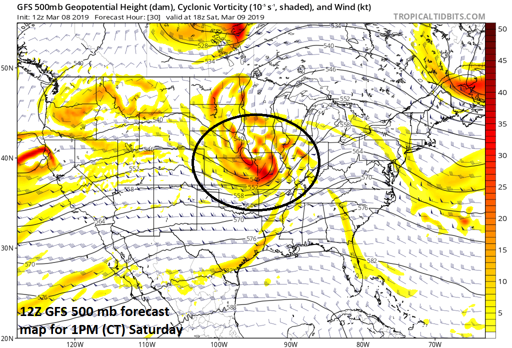 Strong upper motion associated with a wave of energy in the upper atmosphere raises the prospects for severe weather; courtesy NOAA/EMC, tropicaltidbits.com