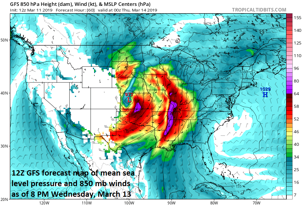 Surface pressure of the unfolding mid-week monster storm system could reach record (low) levels and strong winds in the lower atmosphere are likely to result in surface wind gusts of hurricane-force; courtesy NOAA/EMC, tropicaltidbits.com