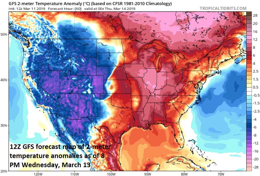 The warm sector of this mid-week storm will feature much warmer-than-normal conditions and potential severe weather while the cold sector will feature heavy snowfall and colder-than-normal weather; courtesy NOAA/EMC, tropicaltidbits.com
