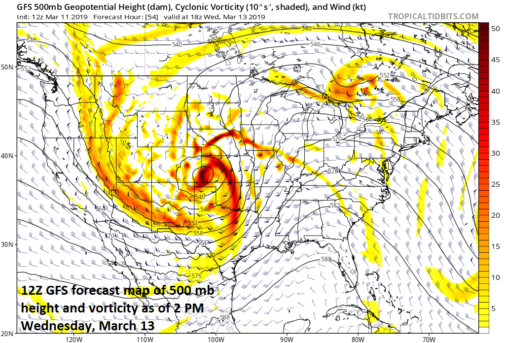 Very vigorous energy in the upper atmosphere will be a key player in the formation of this strong storm system; courtesy NOAA/EMC, tropicaltidbits.com