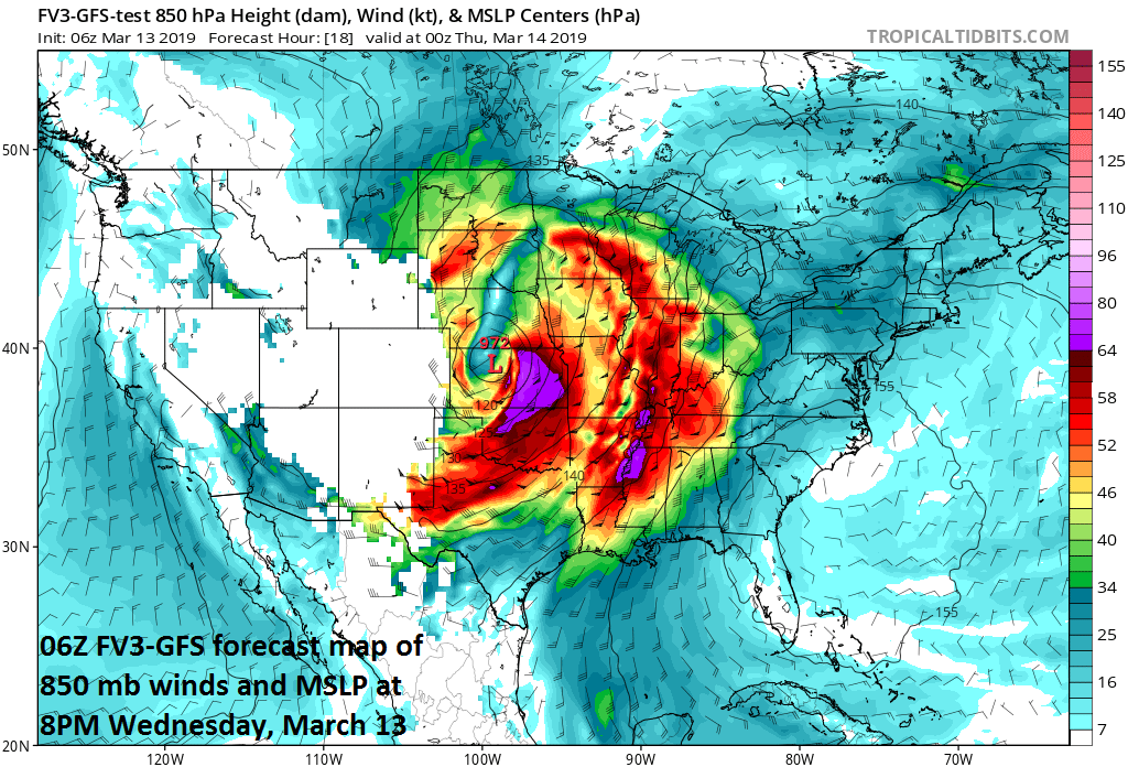 Central pressures could bottom out in record low territory later today in many spots across the central US and extreme winds will take place to the south and east of the surface low; courtesy NOAA/EMC, tropicatidbits.com