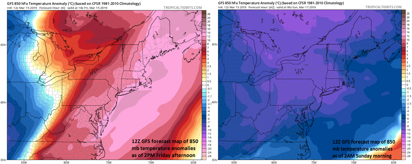 Quite a reversal in the temperature department for the Mid-Atlantic region from this afternoon to later in the weekend as much colder air moves in following a cold frontal passage; courtesy NOAA/EMC, tropicaltidbits.com