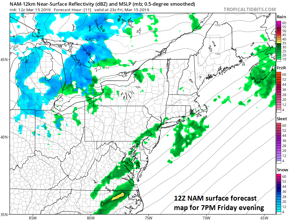 Cold frontal system will increase the chance for showers and thunderstorms later this afternoon into the evening; courtesy NOAA/EMC, tropicaltidbits.com