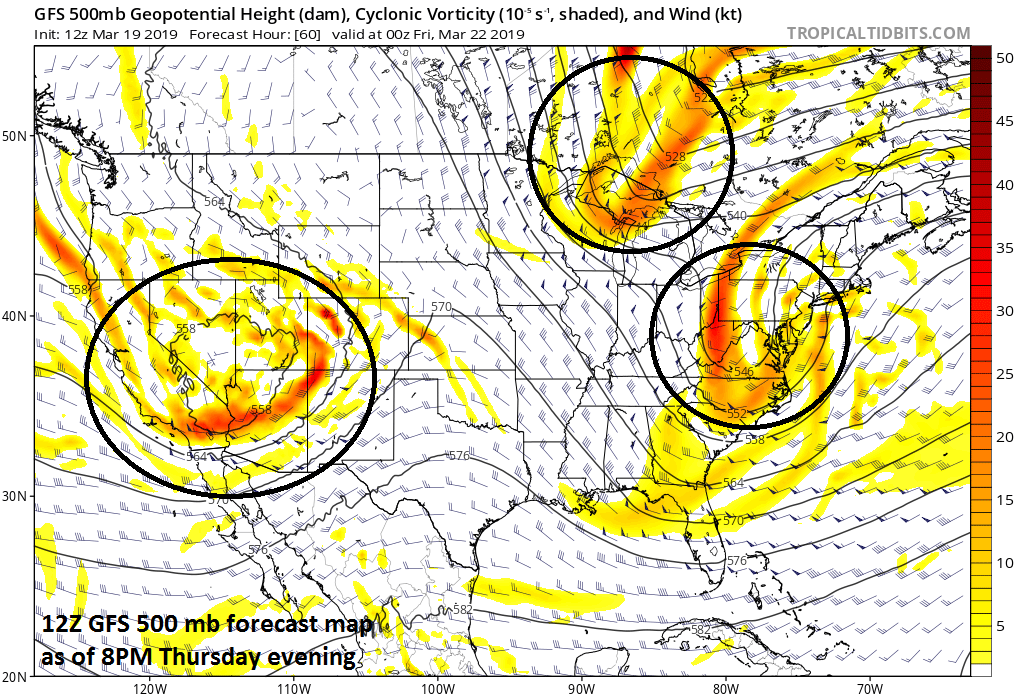 Three strong waves of energy in the upper atmosphere will play a role in the weather around here on Thursday (first wave), Friday (second wave) and early-to-mid next week (third wave); courtesy NOAA/EMC, tropicaltidbits.com