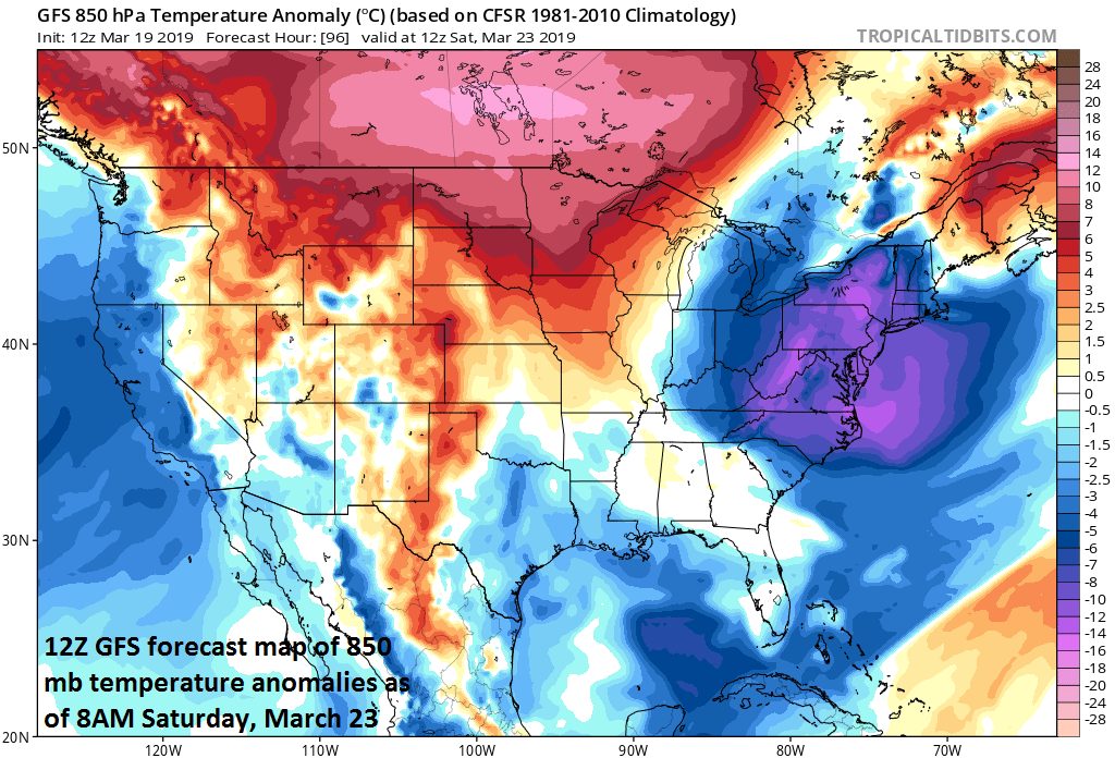 A cold air outbreak at the end of the week will send temperatures well below-normal for the first part the weekend; courtesy NOAA/EMC, tropicaltidbits.com