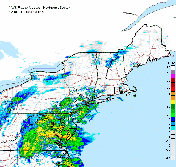 Heavy rain bands are rotating around intensifying low pressure near the Mid-Atlantic coastline; courtesy NOAA