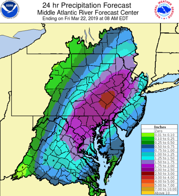 Total rainfall amounts may exceed two inches in parts of the Mid-Atlantic region by later tonight and this can result in localized flash flooding given the already well-saturated grounds; map courtesy NOAA