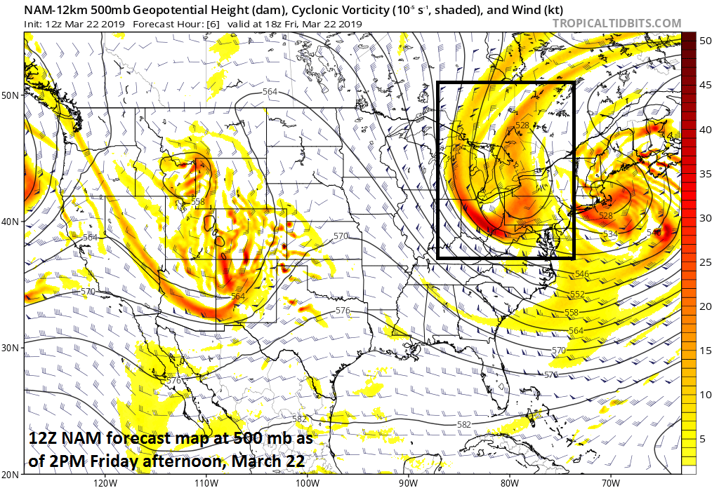 12Z NAM forecast map for mid-afternoon which features a wave of energy at 500 mph nearing the Mid-Atlantic; courtesy NOAA/EMC, tropicaltidbits.com