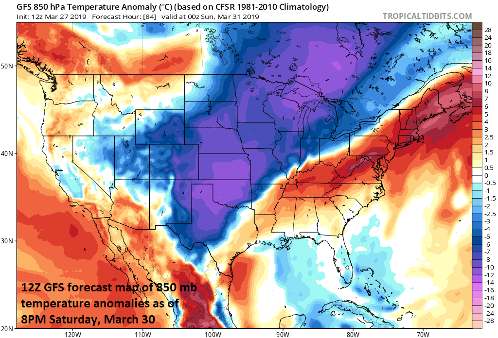 Warmer-than-normal conditions for much of the eastern US early this weekend; courtesy NOAA/EMC, tropicaltidbits.com