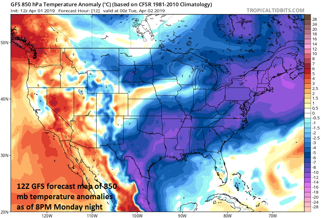 Much colder-than-normal air will result in another early spring night with below-freezing low temperatures in much of the Mid-Atlantic region; courtesy NOAA, tropicaltidbits.com