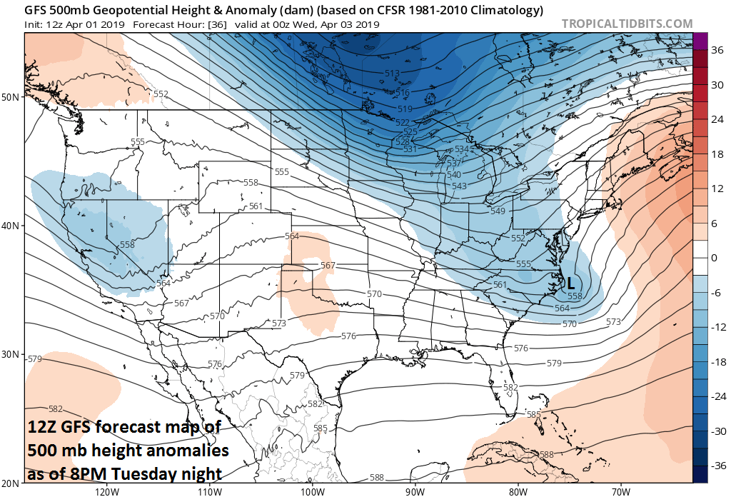 A “negatively-tilted” trough axis (i.e., oriented from NW-to-SE) will help spawn a strong nor’easter late tomorrow that will likely skirt the Mid-Atlantic’s I-95 corridor, but it could impact more severely eastern New England; courtesy NOAA/EMC, tropicaltidbits.com