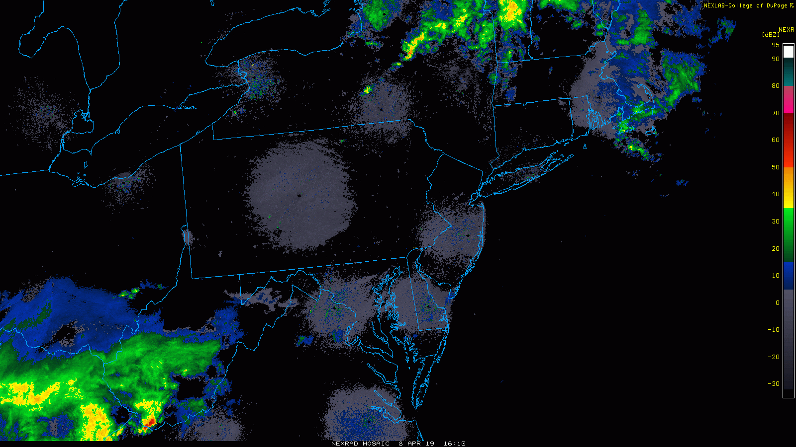 Radar echoes are increasing in intensity and coverage at mid-afternoon well to the west of the I-95 corridor; courtesy NOAA/College of DuPage