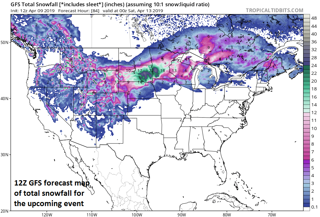 The upcoming blizzard can bring 1-2 feet of heavy, wet snow to parts of the central and northern Plains; courtesy NOAA/EMC, tropicaltidbits.com