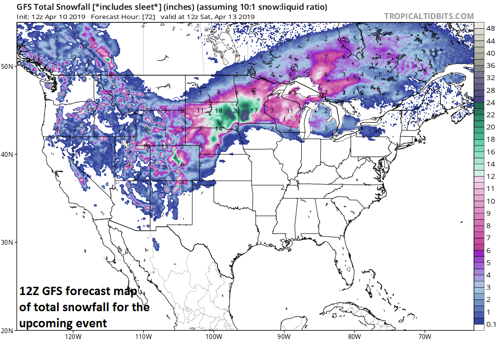 Total snowfall map as depicted by the 12Z GFS for the upcoming event; courtesy NOAA/EMC, tropicaltidbits.com