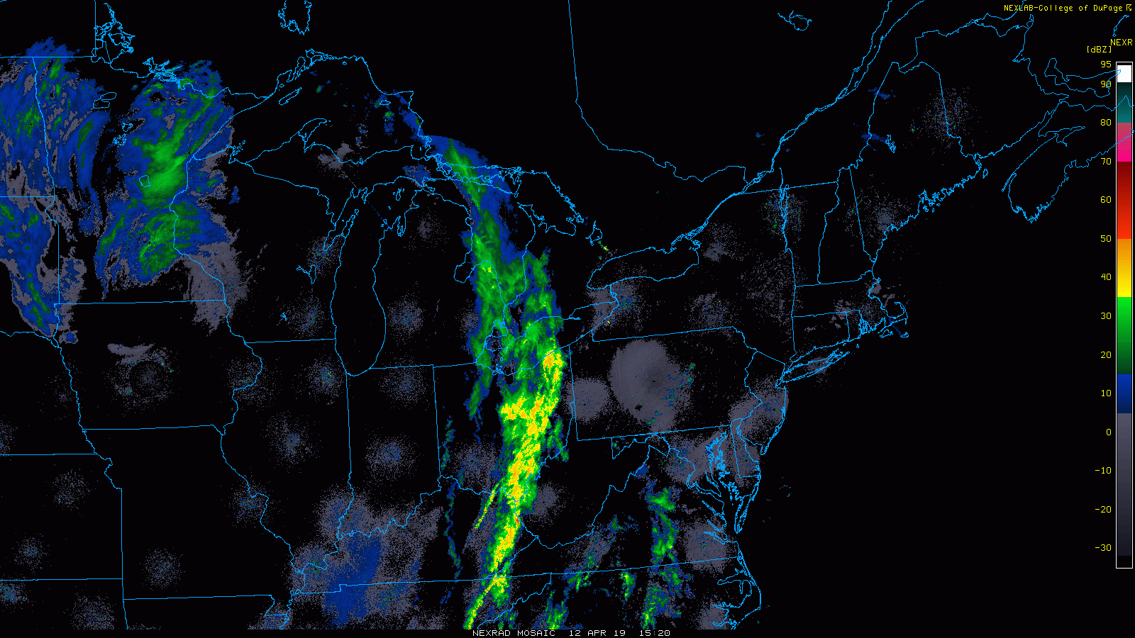 A line of showers and thunderstorms is pressing east across the Ohio Valley and right towards the I-95 corridor; courtesy NOAA, College of DuPage