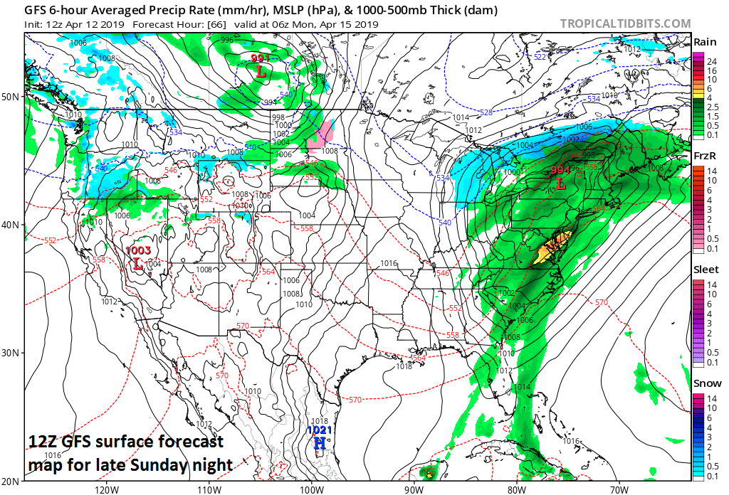12Z GFS surface forecast map for late Sunday night features some heavy rainfall in the I-95 corridor (shown with dark green, yellow, red); courtesy NOAA/EMC, tropicaltidbits.com