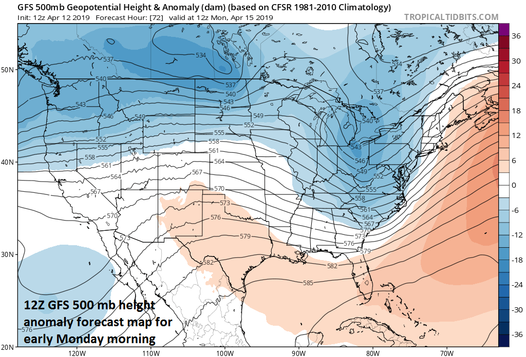 The second event coming to the Mid-Atlantic region from later Sunday into early Monday will be accompanied by a strong wave of energy in the upper atmosphere. This feature will enhance chances for strong-to-severe thunderstorm activity in the Ohio Valley and the Mid-Atlantic. Map courtesy NOAA/EMC, tropicaltidbits.com