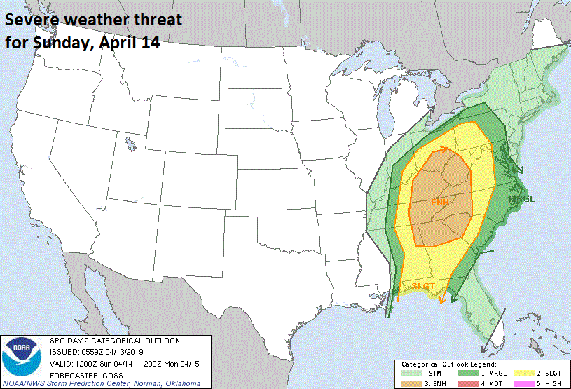 Event #2 will have an even better chance at featuring severe weather compared to the first rain event beginning Sunday in the Ohio Valley and then potentially reaching the I-95 corridor from late Sunday into Monday; courtesy NOAA/SPC