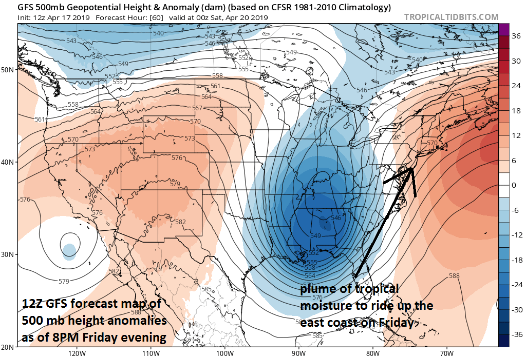 One of the main culprits behind the heavy rainfall and severe weather threat is deep upper-level low pressure that will intensify over the next couple of days grinding its way from the southern Plains to the east coast. Map courtesy NOAA/EMC, tropicaltidbits.com