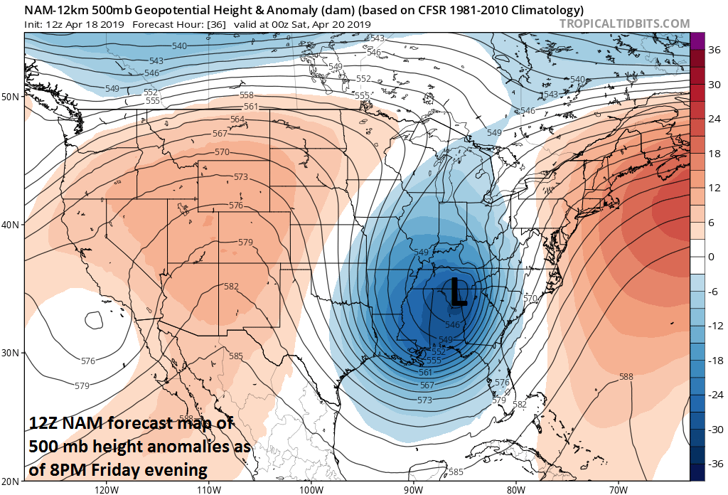 Vigorous upper-level energy in the eastern US late Friday will be a major contributor to heavy rainfall and the threat of severe weather; courtesy NOAA/EMC, tropicaltidbits.com