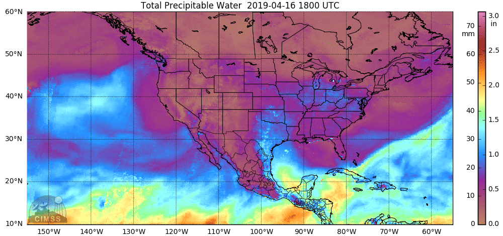 Tropical moisture as depicted here by “total precipitable water” is already surging northward from the Gulf of Mexico into the south-central US; courtesy University of Wisconsin/CIMSS